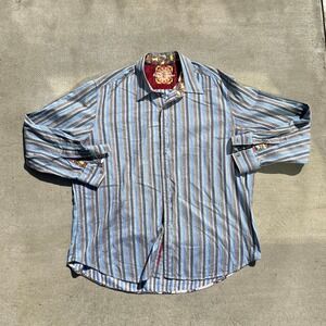 Robert Graham Mens 3XL Blue Gray Brown Paisley Stripe Flip‎ Cuff Button Up Shirt